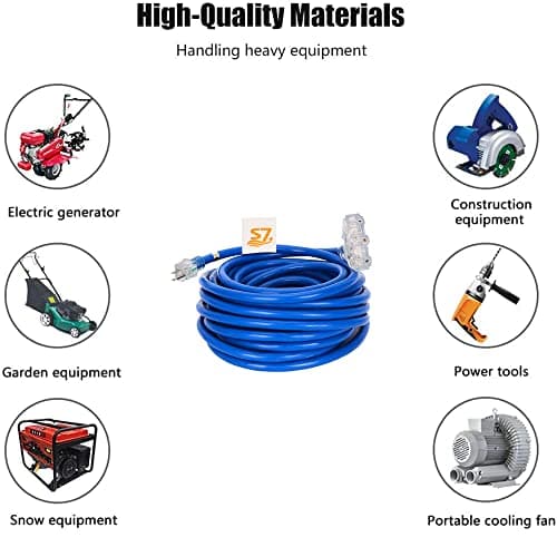50ft 10-Gauge Heavy Duty 3-Outlet Indoor/Outdoor Extension Cord,Grounded 15-Amp Three-Prong Power-Cord with The End Light Up