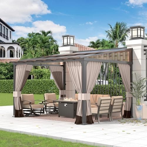 Gotland 10FTx12FT Outdoor Wall-Mounted Hardtop Pergola, Metal Frame Gazebo with Sloping Sun Panel Roof and Double Curtains for Patio, Garden, Lawn, Khaki