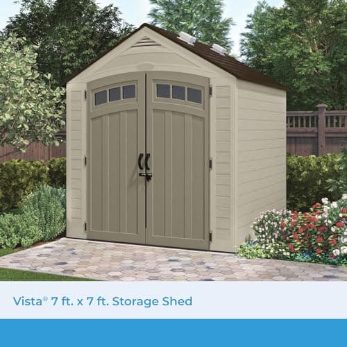 Suncast Vista 7x7 Storage Shed with Multi-Wall Resin Panels, 4 Skylights, IllumiVent System, and Pad-Lockable Doors, 84" D x 84" W x 98" H, Made in The USA