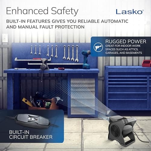 Lasko 12” Utility Fan for Job Site or Home Use, 289 CFM, Pivoting High Velocity Blower Fans, 3 Speeds, 2 Accessory Outlets 120V, Black, U12104
