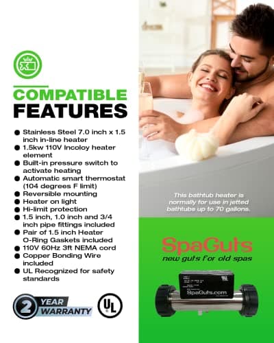 SpaGuts 25-150-0001 Universal Inline Bath Heater Kit, 1.5KW, 110V, 7x1.5 inches, with Built-in Pressure Switch