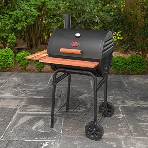 Char-Griller® Wrangler® Charcoal Grill in Black with Wood Shelves, EasyDump™ Ash Pan, Premium Wood Front and Side Shelves with Utensil Hooks, 635 Cooking Square Inches in Black, Model E2123