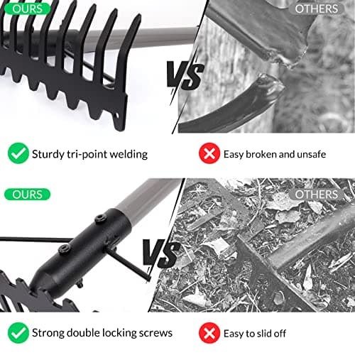 Walensee 5.4FT Bow Rake Heavy Duty Garden Rake with Stainless Steel Handle, 17 Steel Tines Garden Tool for Loosening Soil Gathering Leaf Leveling Lawn Farming Land Management Yarn Thatch Rakes