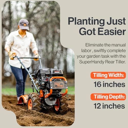 SuperHandy Tiller Cultivator – 7HP 209cc Engine, Adjustable Tilling Width & Depth, Heavy-Duty Steel Tines for Garden Soil Prep, Landscaping & Weed Removal (Rear Tine Tiller)