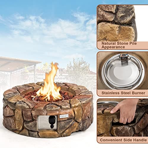 Tangkula 28 Inch Round Propane Gas Fire Pit, Patiojoy 40,000 BTU Stone Look Outdoor Propane Fire Pit with Lava Rocks & PVC Cover, Faux Stone Gas Fire Pit Table for Patio, Courtyard, Garden (Brown)