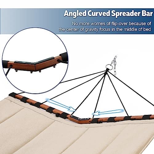 TegerDeger 12FT 2 Person Hammock Large Hammock 450LB Capacity with V Shaped Hardwood Spreader Bar & Nylon Rope for Outside, Patio, Garden, Backyard, Beach, Poolside - Beige