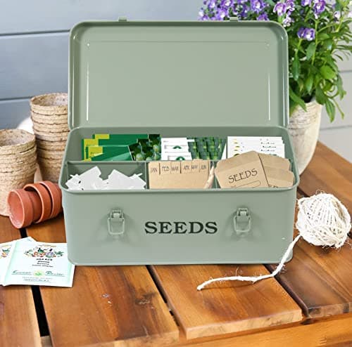 Seed Saving Box, Metal Seed Bin, Seed Storage Organizer Box, Seed Packet Container with Lid, Seed Envelope Storage Box, 4 Compartments Garden Seed Bin with Safety Locks-Green