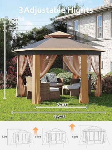 Pop Up Gazebo 13x13Ft, Outside Canopy Tent with 6 Pcs Mosquito Netting, One Push Setup for Backyard Patio Garden Activities - Khaki & Beige