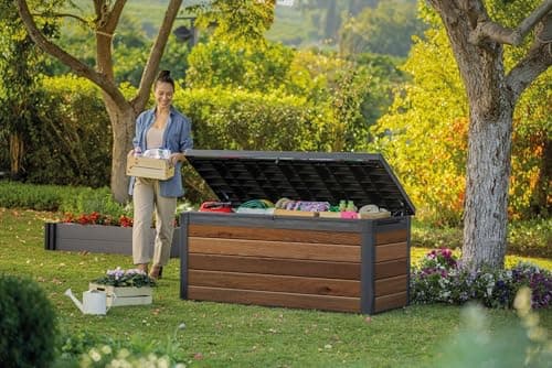 Keter Signature Collection 150 Gallon Resin Deck Box Organization and Storage Box for Patio Outdoor Cushions, Throw Pillows, Garden Tools and Pool Supplies, Walnut