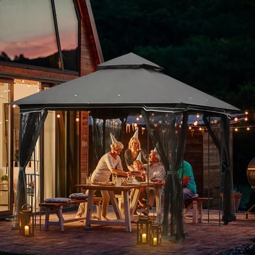 ECOTOUGE Outdoor Gazebo 10x10 for Patios, Double Waterproof Soft-top Canopy, Garden Tent with Netting for Party, Backyard, Grey