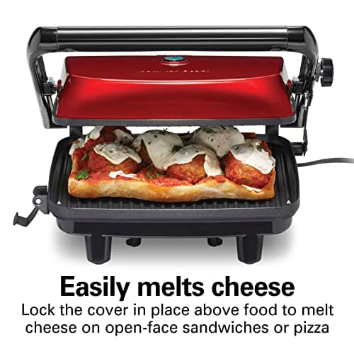 Hamilton Beach Panini Press Sandwich Maker & Electric Indoor Grill with Locking Lid, Opens 180 Degrees for any Thickness for Quesadillas, Burgers & More, Nonstick 8" x 10" Grids, Red (25462Z)
