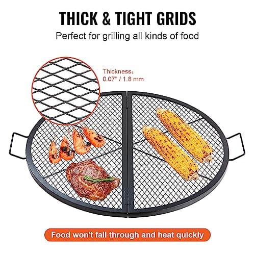VEVOR X-Marks Fire Pit Grill Grate, Foldable Round Cooking Grate, Heavy Duty Steel Campfire BBQ Grill Grid with Handle and Support X Wire, Portable Camping Cookware for Outside Party, 36 Inch Black