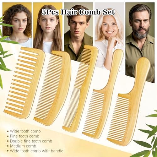 SALONSILK 5PCS Wooden Hair Comb Set, Bamboo Wide Tooth Fine Tooth Combs for Women and Men, Natural Wood Beard Styling Curly Detangling Set for Thick & Thin Hair