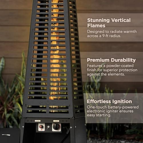 Fire Sense 66991 Pyramid Flame Patio Heater 40,000 BTU Outdoor Propane Heater Tower with Wheels - Black