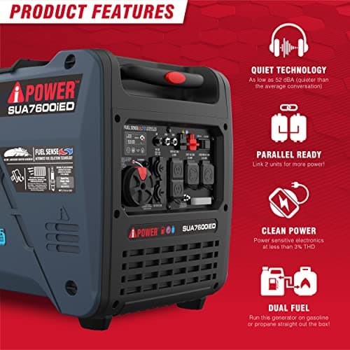 A-iPower 7600W Dual Fuel Portable Inverter Generator, Electric Start RV Ready, EPA & CARB Compliant CO Sensor, With Telescopic Handle For Backup Home Use, Tailgating & Camping (SUA7600iED)