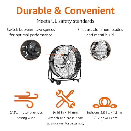 Amazon Basics 24" 215W High-Velocity, Heavy-Duty Industrial Fan, Drum Fan, with UL-Certified Safety Compliance, 2 Speeds, Up to 8820 CFM, 5.9-ft Power Cord, 2 Wheels, Metal Housing/Blades, Black