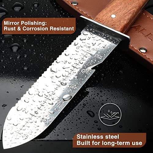 SHALL Hori Hori, Japanese Garden Knife, Soil Knife with Leather Sheath, Rosewood Handle & Hide Rope, 7” Stainless Steel Blade, Rope Cutting Edge, for Digging, Weeding, Planting, Full-Tang