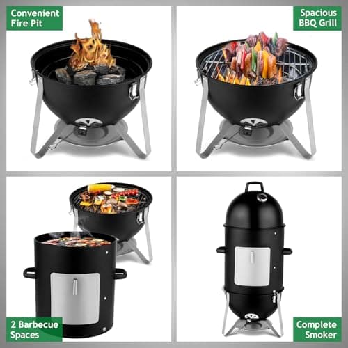 Outvita Vertical 18.8 Inch Steel Charcoal Smoker, Heavy Duty 3-in-1 Portable Outdoor Grill Cooker with Built-in Thermometer for Outdoor Backyard Cooking Grilling Camping