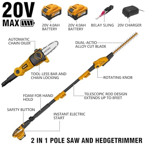 Alloyman Pole Saw 8-Inch Cordless and 16-Inch Pole Hedge Trimmer 2-in-1,with 2 Packs 4.0Ah Batteries & Charger,for Tree Trimming and Shrubs Pruning