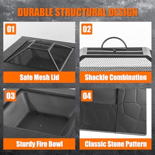 32 inch Fire Pit, Square Outdoor Fire Pit Table with Spark Screen & Fire Poker, 3-in-1 Multipurpose Firepits for Outside, Fireplace for Yard, Garden, Patio