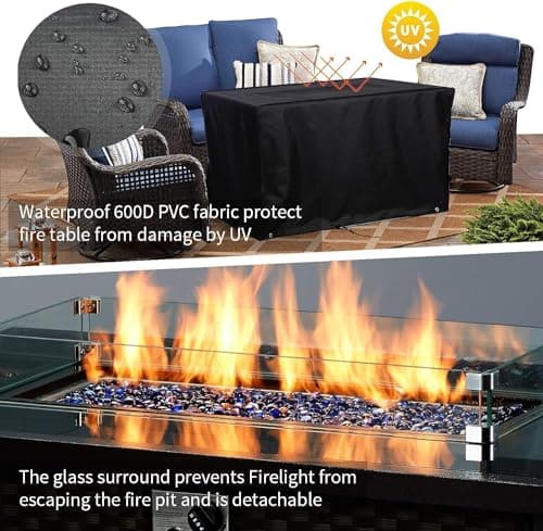 U-MAX 44in Outdoor Propane Gas Fire Pit Table, 50,000 BTU Auto-Ignition Gas Firepit with Glass Wind Guard, Black Tempered Glass Tabletop & Blue Glass Rock, Brown PE Rattan, CSA Certification