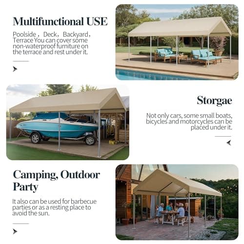 Shintenchi 10x20ft Heavy Duty Carport with UV Resistant Canopy, Powder-Coated Steel Frame, Easy to Assemble Portable Garage, Stable Carport for Car, Bike, Camp, Outdoor Storage (Khaki)