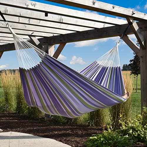 Vivere Brazilian Style Double Cotton Hammock with Polyester End Strings, 450 lb Weight Capacity (Tranquility)