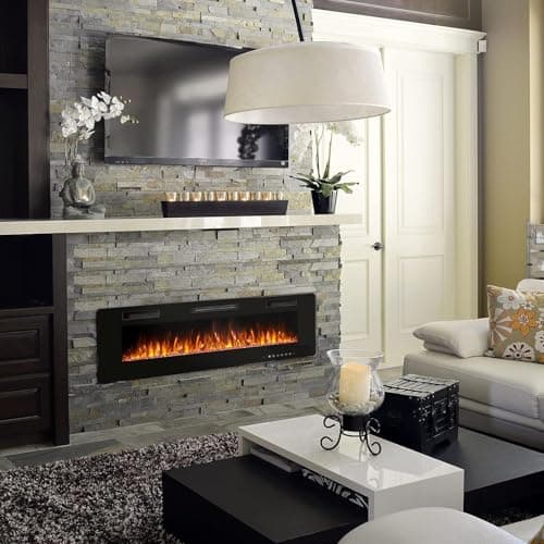 BOSSIN 60 inch Ultra-Thin Silence Linear Electric Fireplace, Recessed Wall Mounted Fireplace, Fit for 2 x 4 and 2 x 6 Stud, 12 Adjustable Flame Color & Speed,Touch Screen Remote Control with 8h Timer