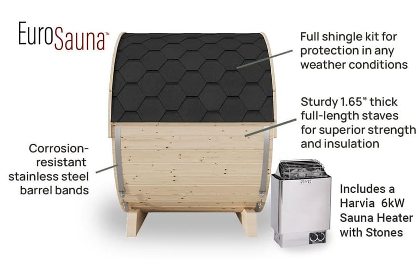 EuroSauna 2-Person Outdoor Barrel Sauna with Shingles, Lighting, & 6kW Harvia Sauna Heater, 81x59