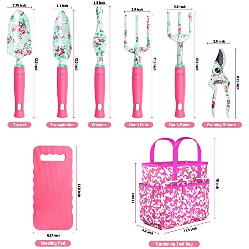 Gardening Tools, 8 Pcs Heavy Duty Floral Garden Tool Set Birthday Gifts for Women WANCHI Rose Red Gardening Kit (Garden Tool Bag Kneeling Pad Weeder Fork Hand Rake Pruning Shears Trowel Transplanter)