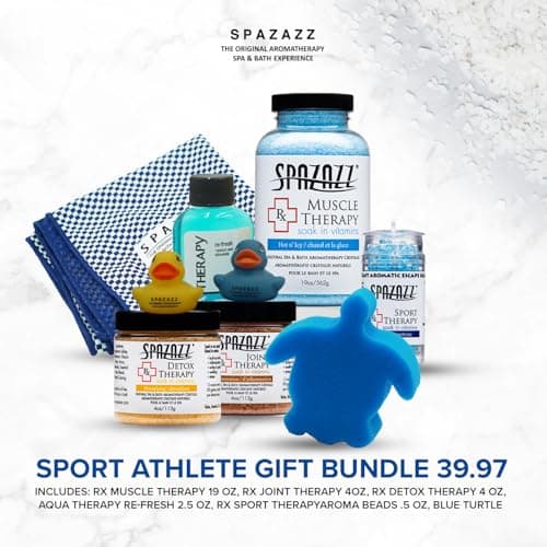 Spazazz Sports Athlete Hot Tub & Bath Salt Gift Bundle - Muscle Therapy 19 oz, Rx Joint 4oz, Detox 4oz, Aqua Therapy Re-Fresh 2.5oz, Sport Aroma Beads .5oz, scum Sponge, Hot/Cold Towel, Rubber Duck