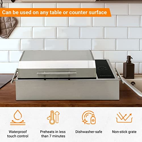 KENYON Frontier Portable Electric Grill, Waterproof Digital Touch Control, UL-Approved For Indoor And Outdoor Use, Stainless Steel, Rust-Proof Grill, Quick Heat Up, Dishwasher Safe, 120V