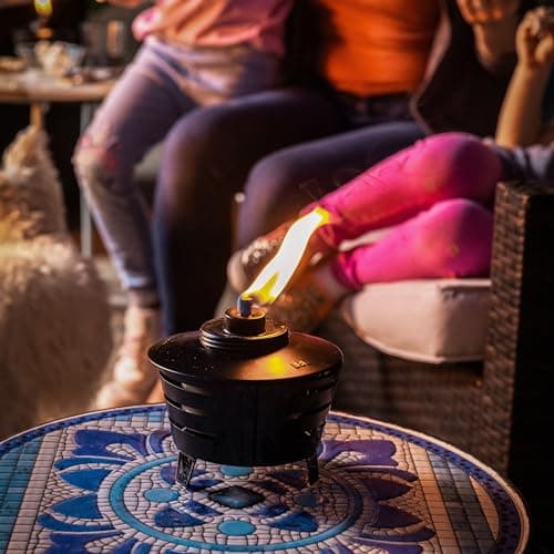 TIKI Mini Fire Pit Tabletop Torch 2-Pack, Outdoor Decorative TIKI Torch for Patio, Backyard, and Garden, Black Metal Tabletop Flame Torch, Includes Long Lasting Wick and Snuffer