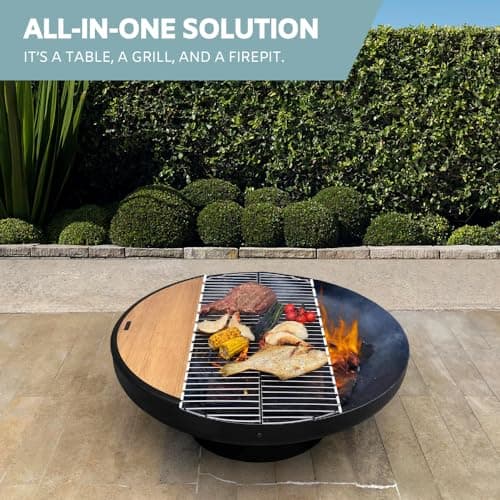 32 Inch Cast Iron, Round Fire Pit Table with Fire Pit Grill, Extra Thick, Heavy Duty Fire Bowl, Deep Outdoor Firepit, Wood Burning Firepits for Outside Patio, Backyard Fire Pits, Large BBQ Pit
