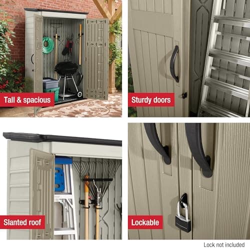 Rubbermaid Vertical Resin Outdoor Storage Shed With Floor (4 x 2.5 Ft), Weather Resistant, Beige/Brown, Organization for Home/Backyard/Pool Chemicals/Toys/Garden Tools/Porch/Patio Cushions