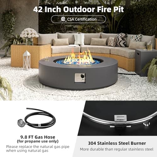 UPHA 42-inch Outdoor Propane Gas Fire Pit Table 50000 BTU Concrete Round FirePit for Outside Patio with Propane Tank Cover, Blue Glass Rocks, Rain Cover, Grey