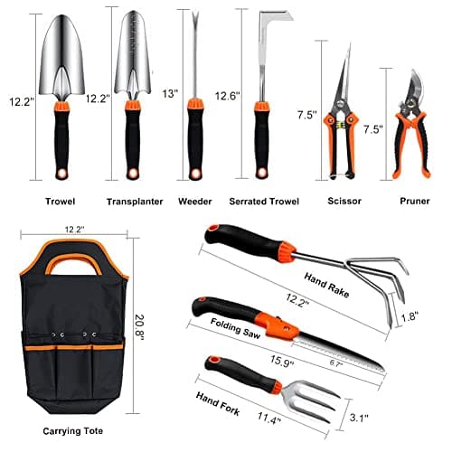 Garden Tool Set,10 PCS Stainless Steel Heavy Duty Gardening Tool Set with Soft Rubberized Non-Slip Ergonomic Handle Storage Tote Bag,Gardening Tool Set Gifts for Women and Men