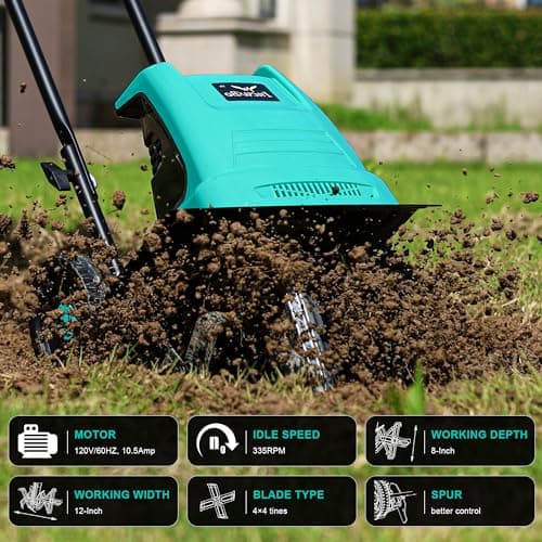 Electric Rototiller Garden Tiller 12 Inch Tilling Width 8-Inch Electric Tiller 10.5 Amp Tiller Cultivator for Garden Yard