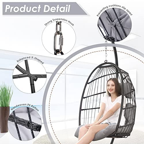 NICESOUL Swing Egg Chair Outdoor Indoor, Patio Wicker Hanging Egg Chairs with Stand, Swinging Hammock with Padded Cushions, 350lbs Sturdy Egg-Shaped Seating for Porch Bedroom Balcony Xmas Gift, Grey