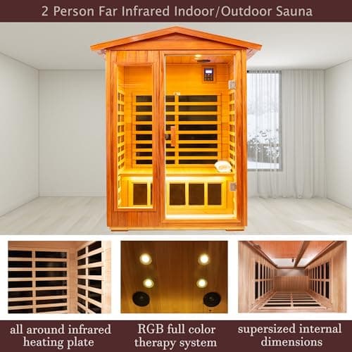 Outdoor Sauna 2 Person Infrared Sauna Far Infrared Saunas for Home 0－5 mg Low EMF Home Sauna Spa Mahogany Wood Sauna Room with Bluetooth Speakers, LED Reading Lamps, Chromotherapy Lights