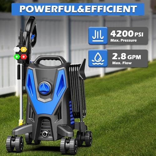 Electric Pressure Washer, 4200PSI 2.8GPM, Foam Cannon, 4 Nozzle Tips, 20 FT Hose, 35FT Power Cord, Strong Power Washer with Anti-Tipping Technology for Cars, Garden, Fences, Patios, Driveways