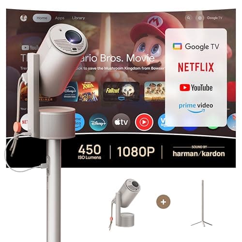XGIMI MoGo 3 Pro NEW Outdoor Projector with PowerBase Stand, 2.5hrs Battery, Google TV with Licensed Netflix, Build-in Adjustable Stand, 450 ISO Lumens, ISA 2.0, 2 x 5W Harman Kardon