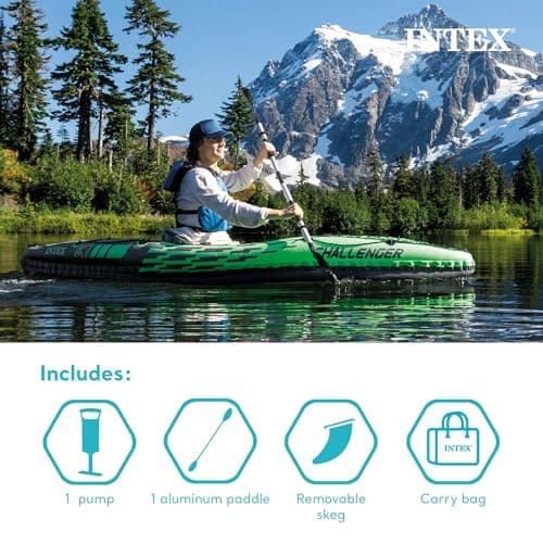 INTEX Challenger Inflatable Kayak Series: Includes Deluxe 86in Kayak Paddles and High-Output Pump – SuperStrong PVC – Adjustable Seat with Backrest – Removable Skeg – Cargo Storage Net