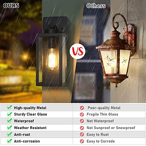 Outdoor Wall Light Fixtures, Exterior Waterproof Lanterns, Porch Sconces Wall Mounted Lighting with E26 Sockets & Glass Shades, Modern Matte Black Wall Lamps for Patio Front Door Entryway, 2-Pack