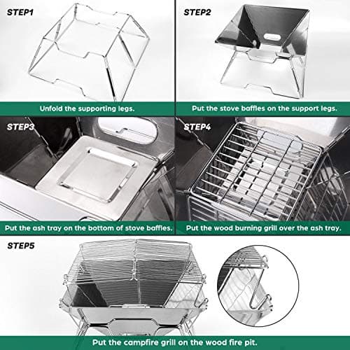 Odoland Folding Campfire Grill, 304 Stainless Steel Grate Barbeque Grill, Portable Camping Grill with Legs for Picnics, Backpacking, Outdoor with Carrying Bag and Kitchen Tongs