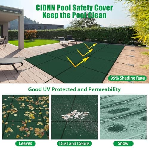 Inground Pool Cover Safety Fits 15x30ft Rectangle Swimming Pool, Mesh Solid Pool Cover for Inground Pools,Winter Pool Safety Cover Includes Safety Net and Installation Tools Green
