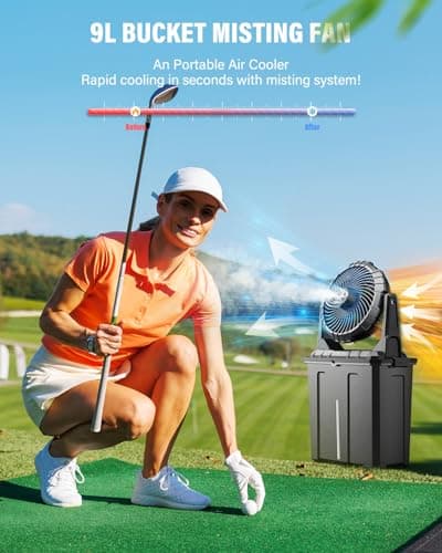 Ausic 9L Bucket Portable Misting Fan for Outdoors Patios, 20000mAh Rechargeable Battery Operated Camping Fan, 3 Strong Winds, 3 Large Spray Outlets, for Fishing/Travel/Garden Party/Golf/Tent/Office