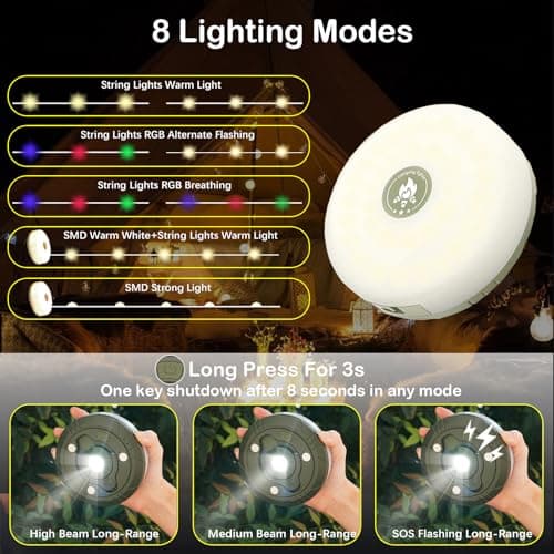 Camping String Lights with 8 Modes, 4 in 1 Portable Camping Light Rechargeable, USB Charging, Quick Storage, 32.8ft Waterproof Tent Light for Camping, Hiking, Christmas