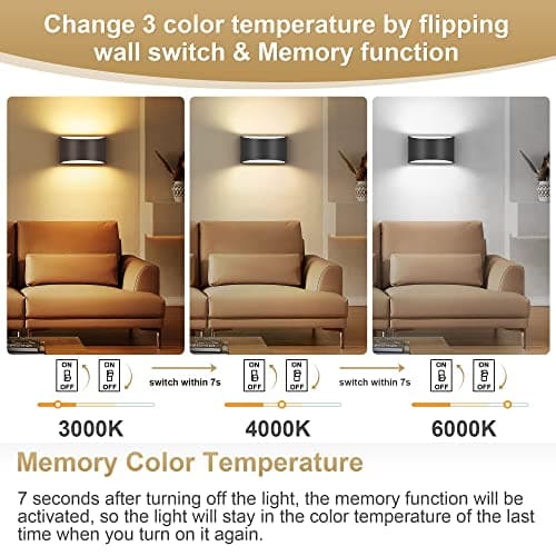 TRLIFE Modern Wall Sconces, 3000K/4000K/6000K Selectable and Dimmable LED Wall Sconce 12W Aluminum Wall Mounted Light Set of 2 Hardwired Wall Sconces for Bedroom Bedside Living Room Hallway(Black,2P)