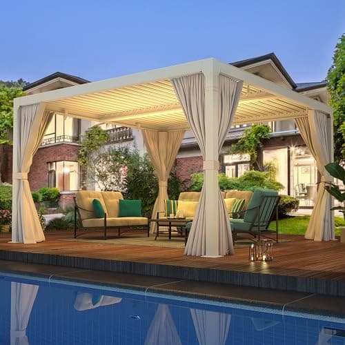 YOLENY Louvered Pergola 12x12, All Aluminum Pergola with Adjustable Rainproof Roof, Outdoor Pergola with Curtains and Nets for Patio & Garden, White